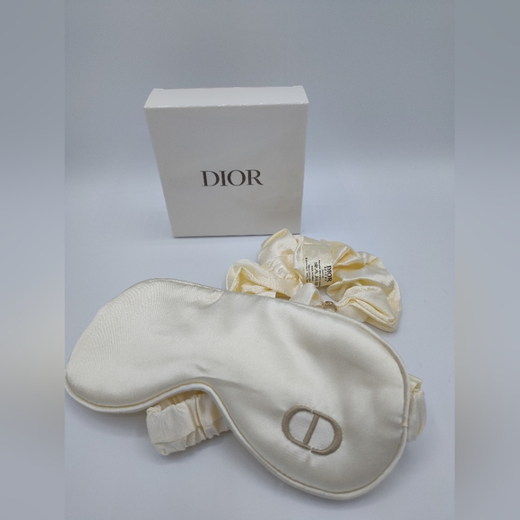 Dior Accessories - DIOR Beauty VIP Satin Sleep Mask & Scrunchie Set Ivory Gold CD Logo NIB